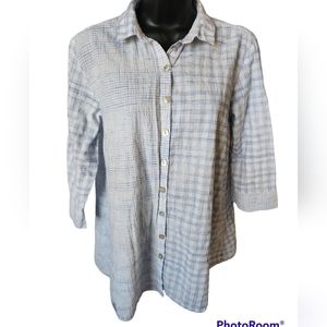 Habitat Clothes To Live In Ladies Small Blue White Button Down Half Sleeve.